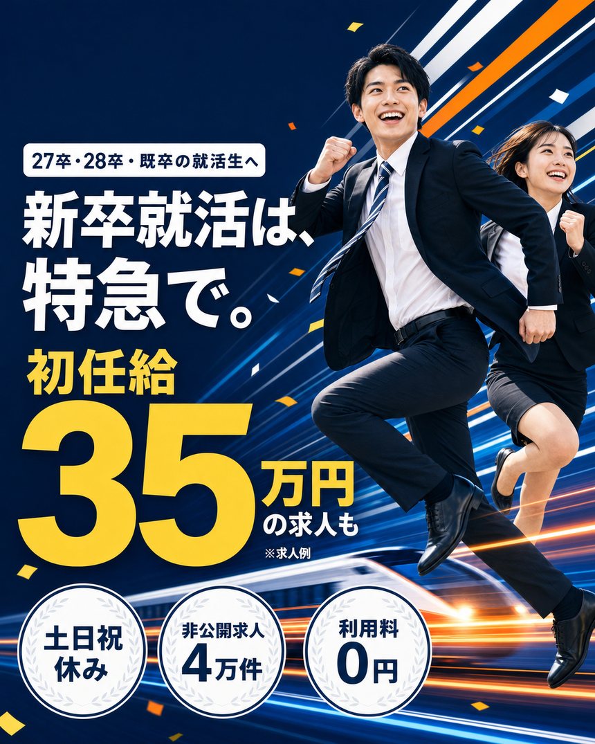 27卒・28卒・既卒の就活生へ。新卒就活は、特急で。初任給35万円の求人も（求人例）。土日祝休み・非公開求人4万件・利用料0円